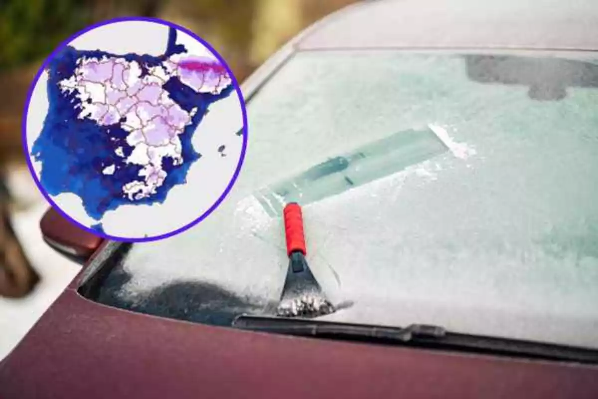 Montaje de un coche con el parabrisas helado y un circulo con un mapa de España meteorológico donde marca la llegada del frío