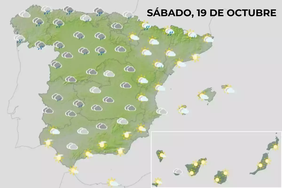 Mapa del tiempo para España el sábado 19 de octubre mostrando nubes y lluvias en el norte y centro del país con sol en el sur y las islas. Mapa del tiempo para España el sábado 19 de octubre mostrando nubes y lluvias en el norte y centro del país con sol en el sur y las islas.