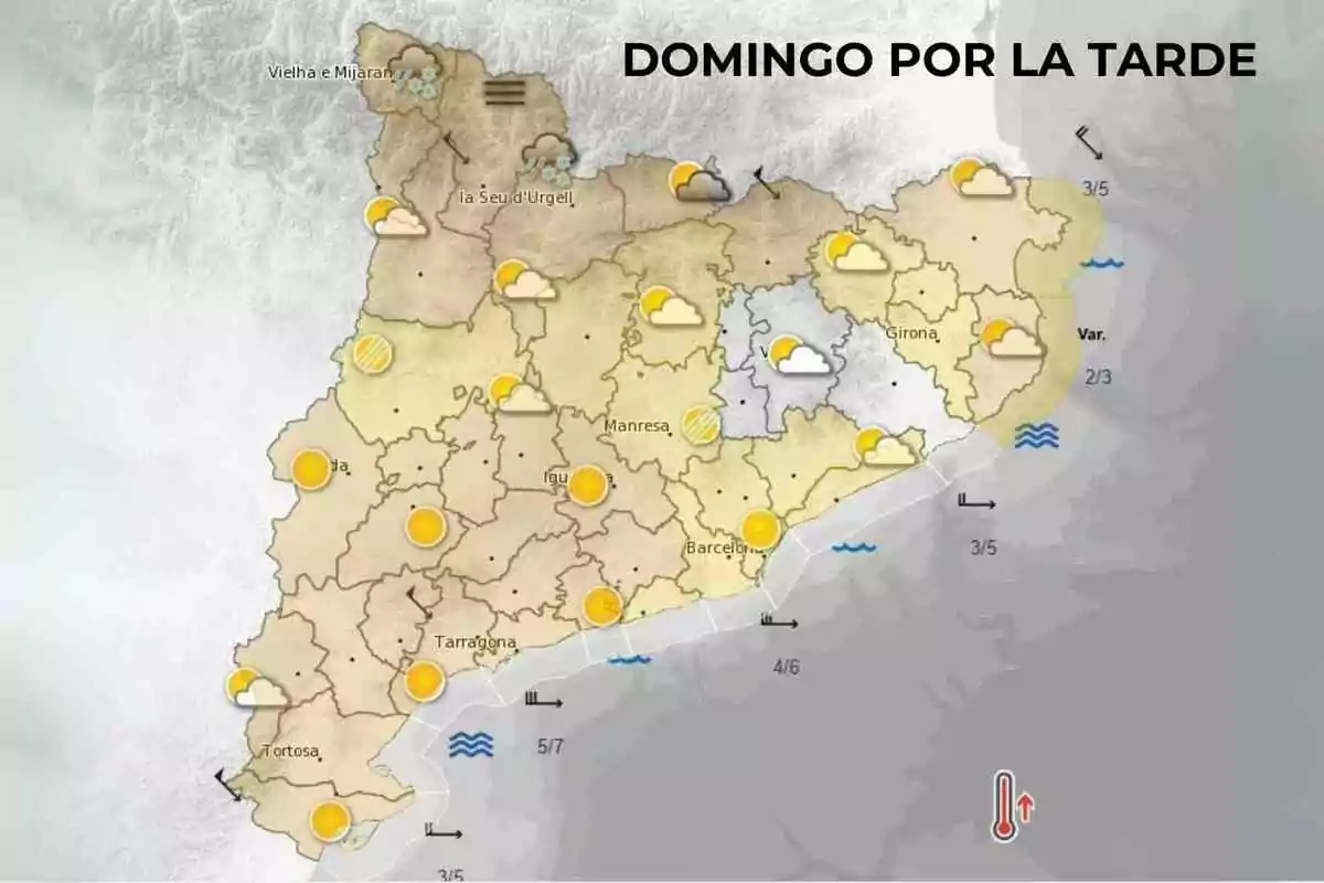 Mapa del tiempo para el domingo por la tarde, 22 de diciembre, en Cataluña mostrando diferentes condiciones meteorológicas en varias regiones con iconos de sol y nubes. Mapa del tiempo para el domingo por la tarde, 22 de diciembre, en Cataluña mostrando diferentes condiciones meteorológicas en varias regiones con iconos de sol y nubes.