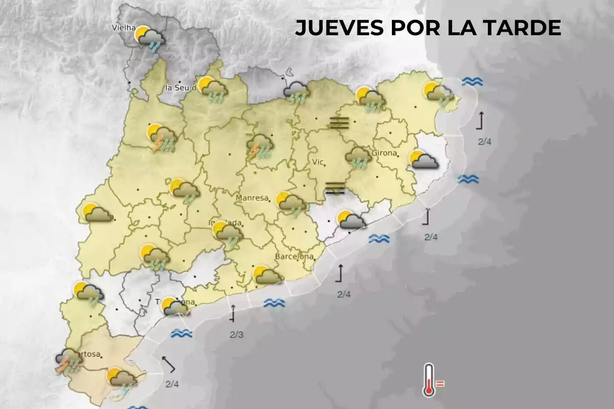 Mapa del tiempo para el jueves por la tarde en Cataluña mostrando nubes, lluvias y tormentas en varias regiones, con símbolos de sol y nubes en la costa y temperaturas indicadas en la parte inferior. Mapa del tiempo para el jueves por la tarde en Cataluña mostrando nubes, lluvias y tormentas en varias regiones, con símbolos de sol y nubes en la costa y temperaturas indicadas en la parte inferior.