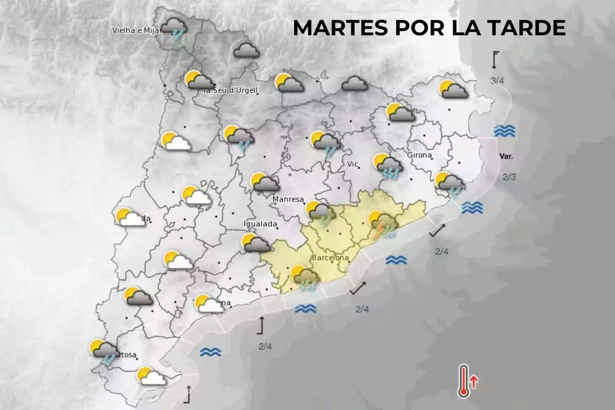 Mapa meteorológico de Cataluña para el martes por la tarde mostrando nubes, lluvias y tormentas en diferentes regiones. Mapa meteorológico de Cataluña para el martes por la tarde mostrando nubes, lluvias y tormentas en diferentes regiones.