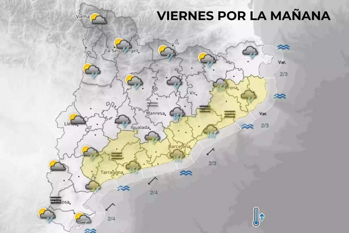 Mapa del tiempo para el viernes por la mañana en Cataluña mostrando nubes, lluvias y áreas con alertas meteorológicas en diferentes regiones. Mapa del tiempo para el viernes por la mañana en Cataluña mostrando nubes, lluvias y áreas con alertas meteorológicas en diferentes regiones.