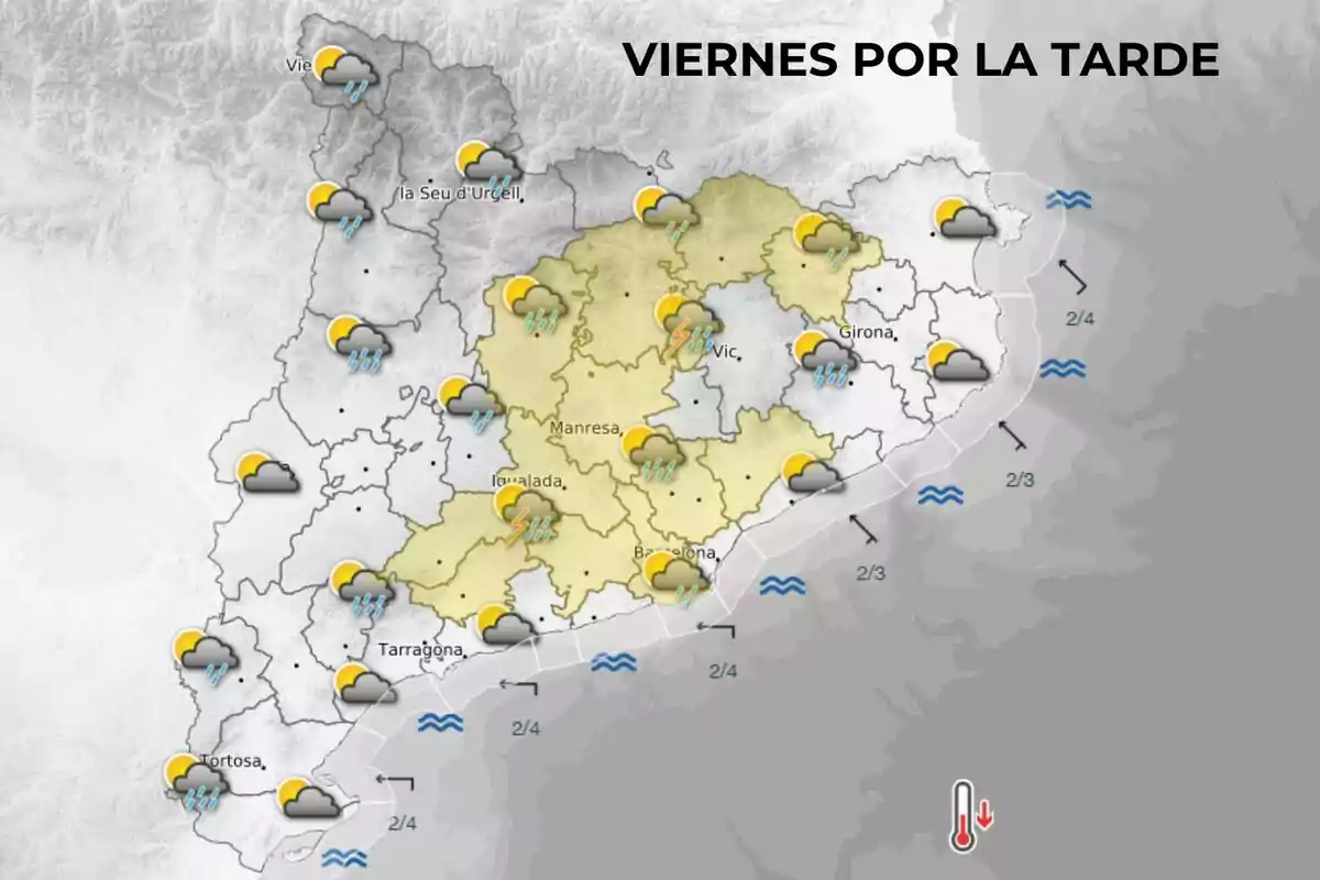Mapa del tiempo para el viernes por la tarde en Cataluña mostrando nubes y lluvias en varias regiones con símbolos de sol y nubes en la costa y áreas interiores. Mapa del tiempo para el viernes por la tarde en Cataluña mostrando nubes y lluvias en varias regiones con símbolos de sol y nubes en la costa y áreas interiores.