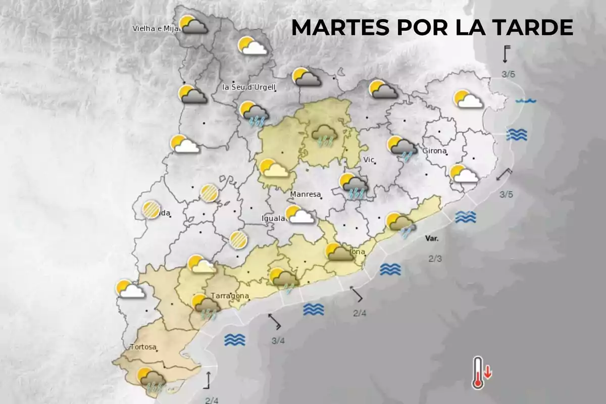 Mapa del pronóstico del tiempo para el martes por la tarde en Cataluña, mostrando nubes, sol y lluvias en diferentes regiones. Mapa del pronóstico del tiempo para el martes por la tarde en Cataluña, mostrando nubes, sol y lluvias en diferentes regiones.