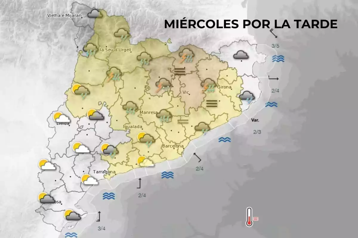 Mapa con las alertas por mal tiempo en Cataluña este miércoles por la tarde Mapa con las alertas por mal tiempo en Cataluña este miércoles por la tarde