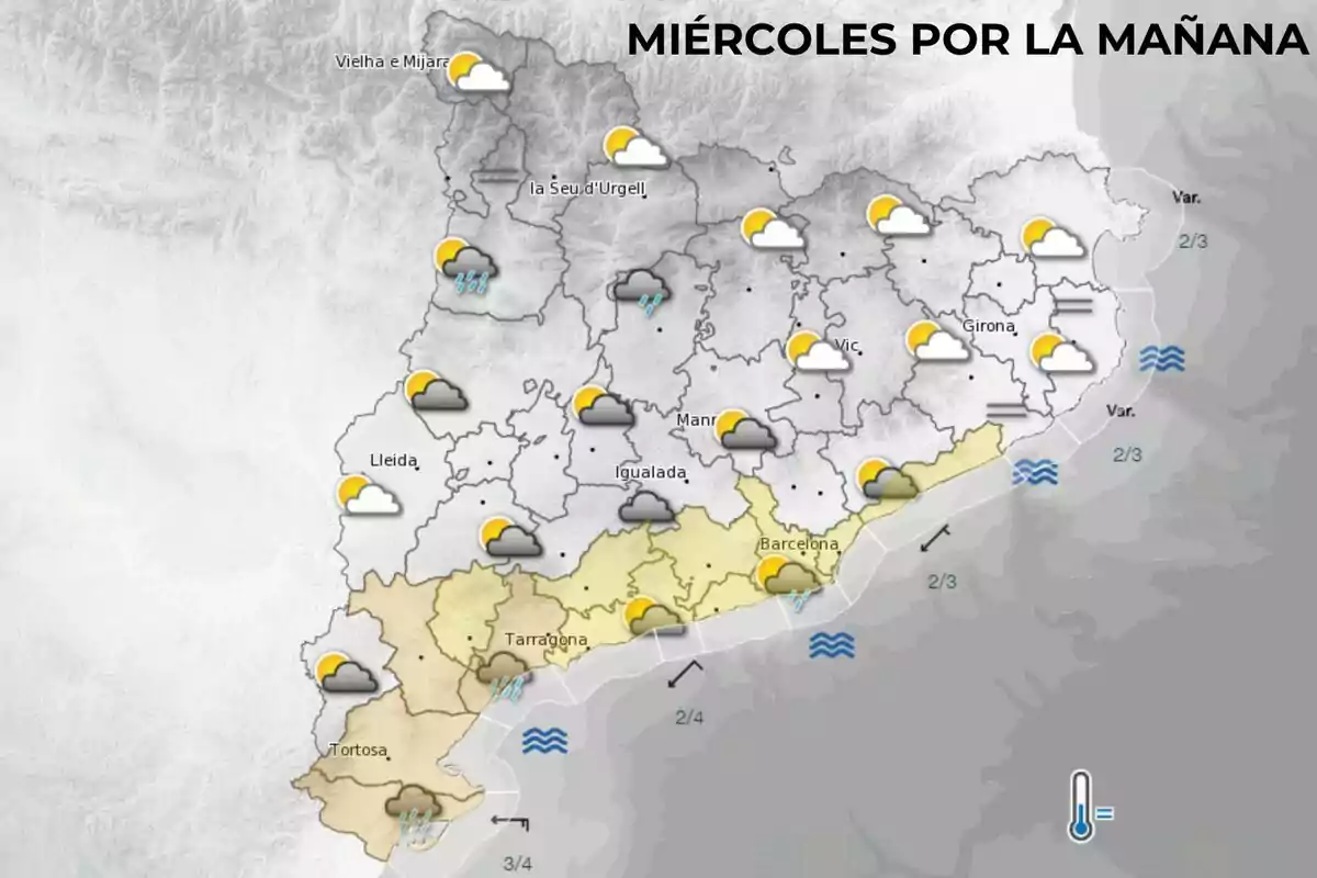 Mapa del tiempo para el miércoles por la mañana en Cataluña, mostrando nubes y claros en la mayoría de las regiones, con lluvias en algunas áreas como Vielha e Mijaran, Manresa y Tortosa, y temperaturas bajas en general. Mapa del tiempo para el miércoles por la mañana en Cataluña, mostrando nubes y claros en la mayoría de las regiones, con lluvias en algunas áreas como Vielha e Mijaran, Manresa y Tortosa, y temperaturas bajas en general.