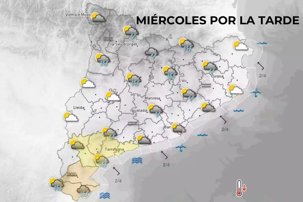 Mapa meteorológico de Cataluña para el miércoles por la tarde, mostrando nubes y lluvias en varias regiones, especialmente en el norte y el sur, con algunas áreas parcialmente soleadas. Mapa meteorológico de Cataluña para el miércoles por la tarde, mostrando nubes y lluvias en varias regiones, especialmente en el norte y el sur, con algunas áreas parcialmente soleadas.