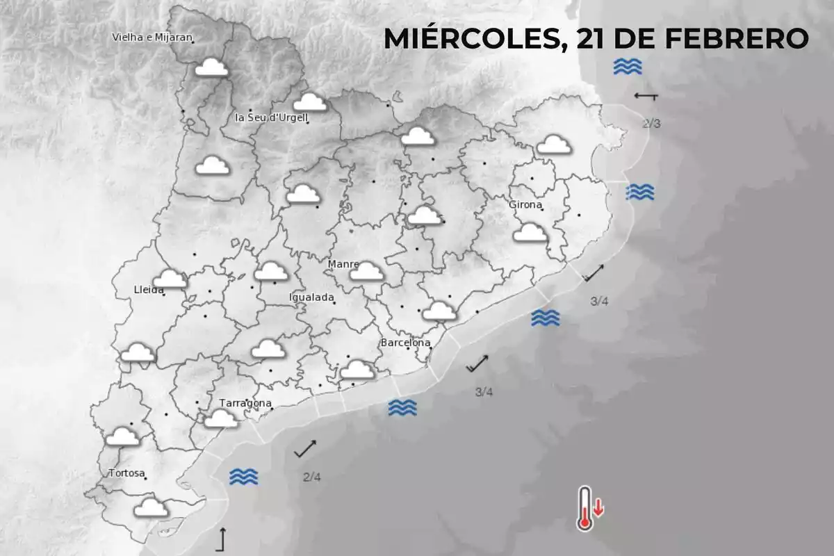 Mapa de símbolos del Meteocat con la previsión del miércoles por la tarde Mapa de símbolos del Meteocat con la previsión del miércoles por la tarde