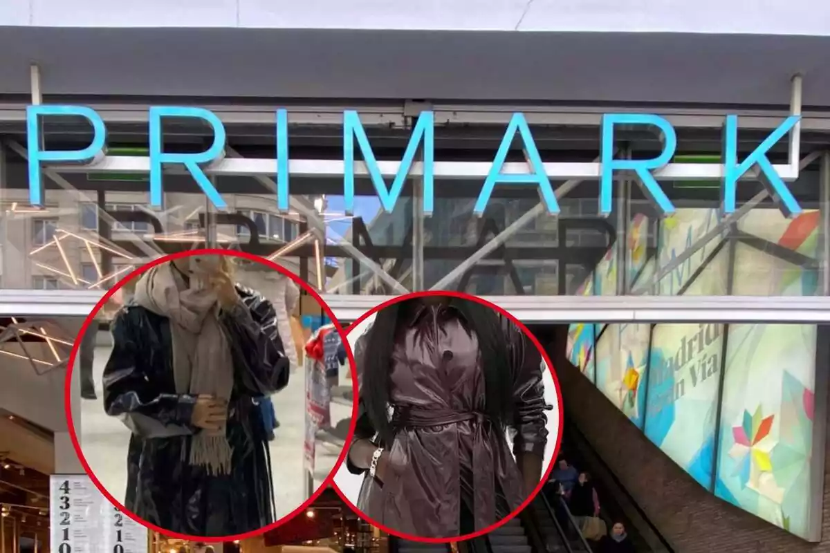 Imagen de fondo de una tienda Primark por fuera y otra de dos personas posando con dos abrigos de la marca