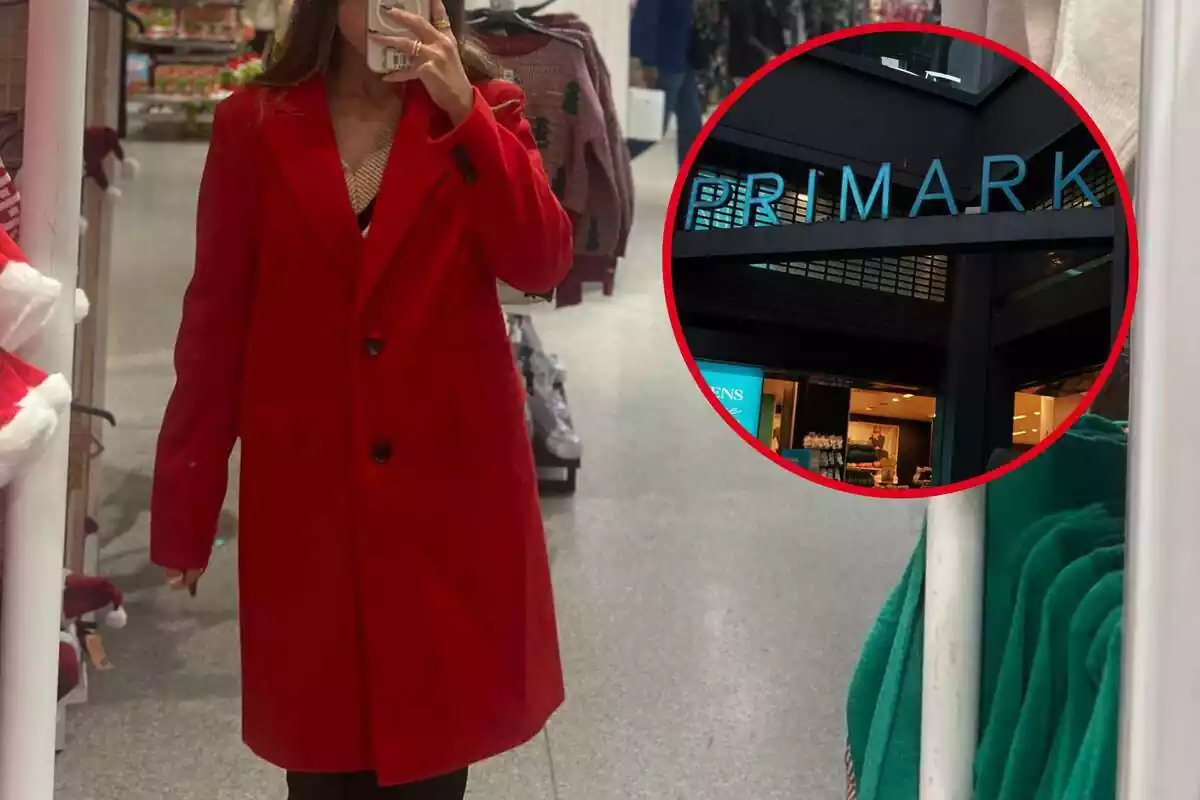 Montaje con una imagen de fondo de una persona posando con un abrigo rojo en una tienda Primark y otra de un logo de Primark
