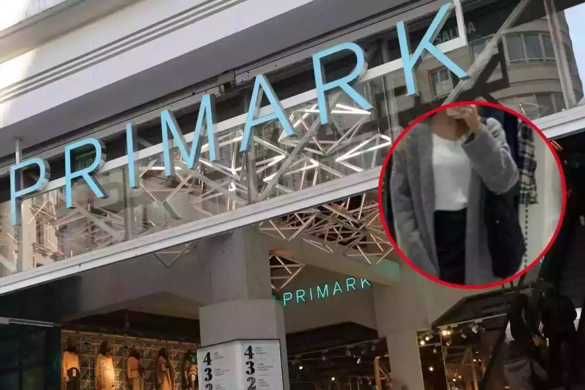 Imagen de fondo de una tienda Primark en su entrada y otra imagen de una persona posando con un cárdigan largo y gris de la marca