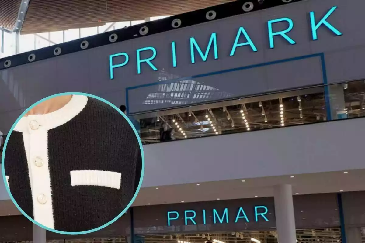Montaje con una imagen de fondo de una tienda con el logo de Primark y otra imagen que muestra un trozo de una chaqueta negra y blanca de Primark