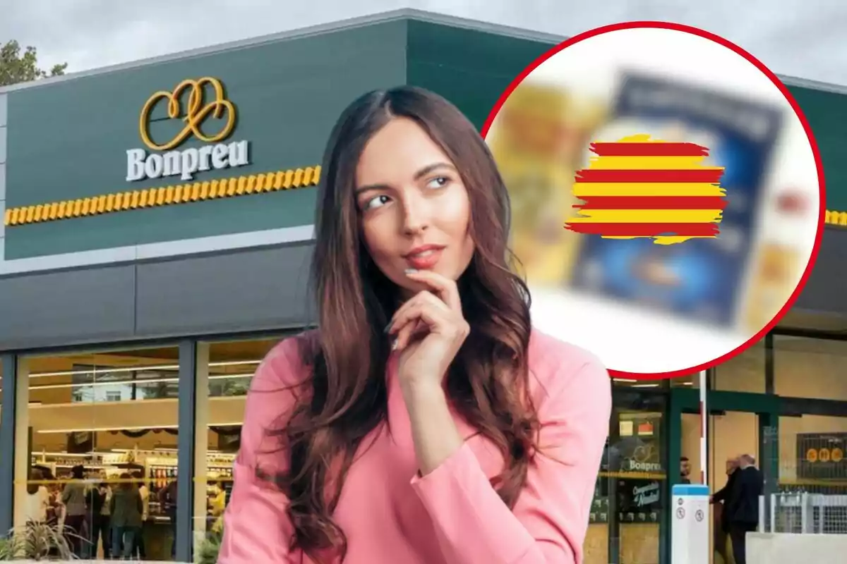 Una mujer pensativa con una camiseta rosa está frente a un supermercado Bonpreu, con un círculo rojo que contiene una bandera catalana difuminada en el fondo.