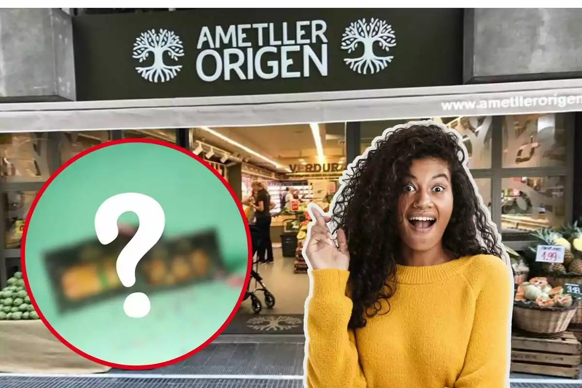 Supermercado Ametller Origen de fondo, chica sorprendida y circulo rojo con foto borrosa y interrogante