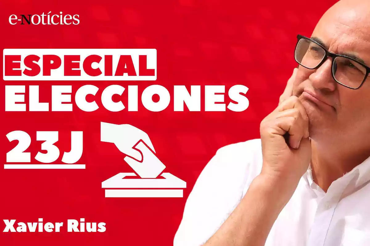 Imagen de promoción del directo para seguir las elecciones generales en el canal de YouTube de Xavier Rius, con una imagen del director de E-Notícies pensativo, unas letras blancas con la frase 'especial elecciones 23J' y un fondo rojo