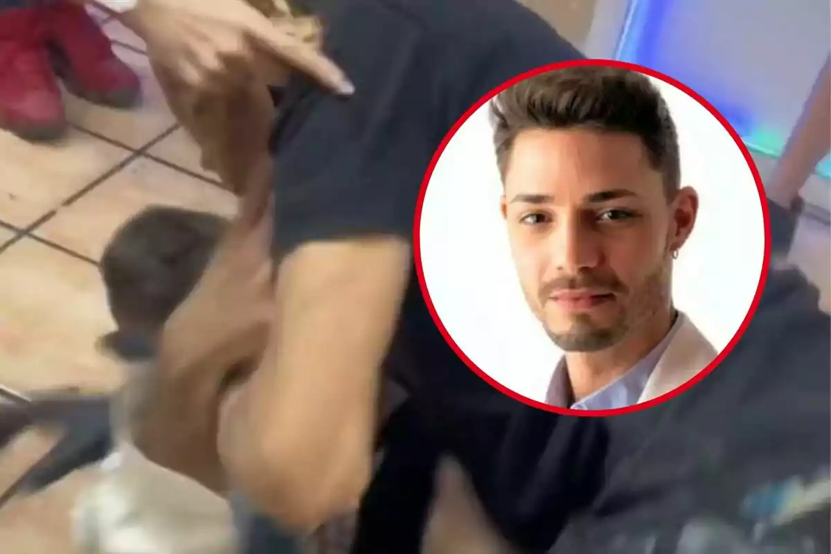 Una persona en el suelo siendo sujetada por otra con un círculo insertado mostrando el rostro de un hombre.