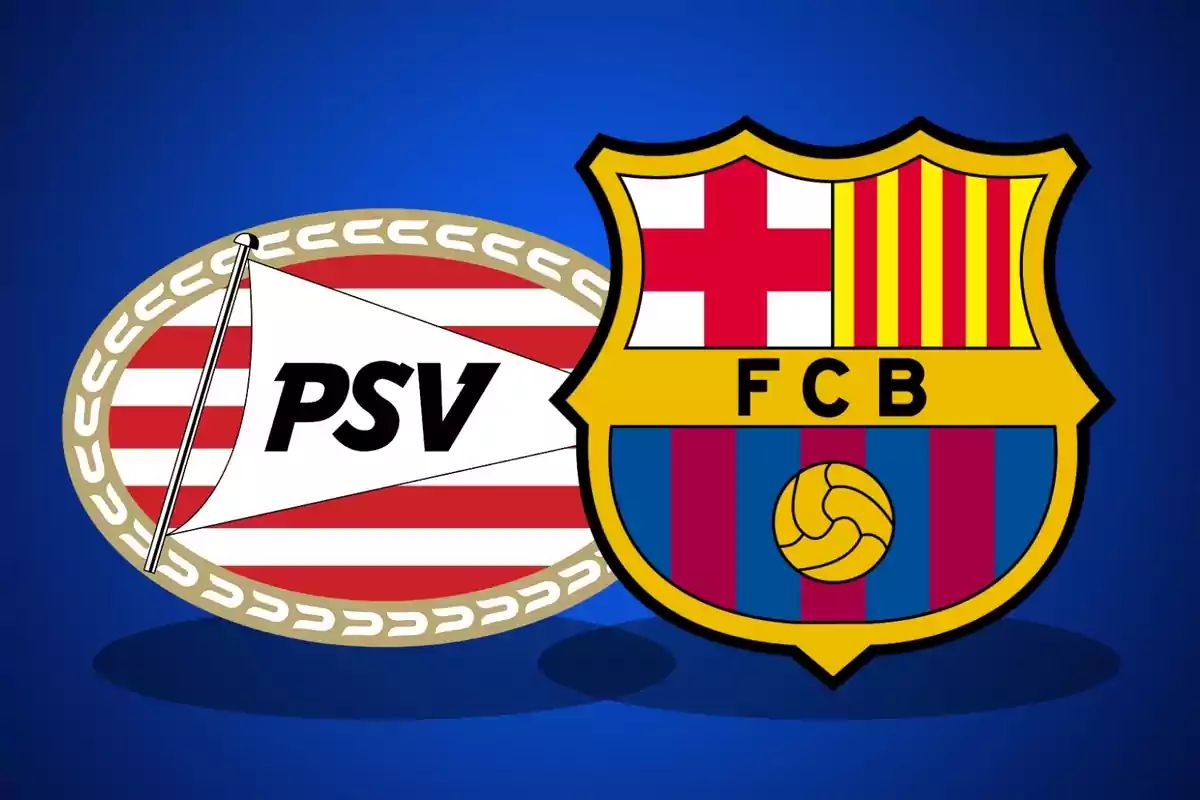 Logos de los equipos de fútbol PSV y FC Barcelona sobre un fondo azul.