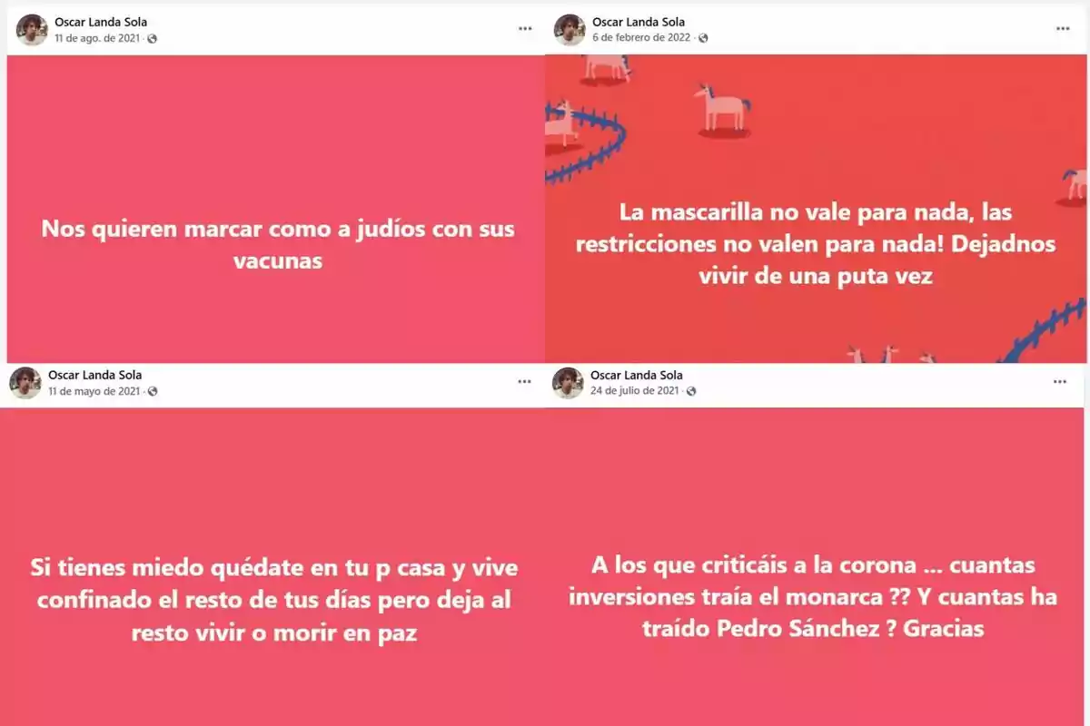 Cuatro publicaciones de Facebook con fondo rojo y texto en blanco donde Óscar Landa expresa opiniones críticas sobre las vacunas, las mascarillas, las restricciones y la monarquía.