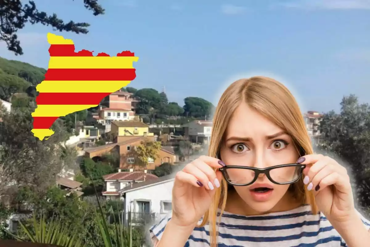 Una mujer con expresión de sorpresa sostiene sus gafas frente a un paisaje urbano con árboles y casas, mientras en el cielo se ve un mapa de Cataluña con los colores de la bandera catalana.