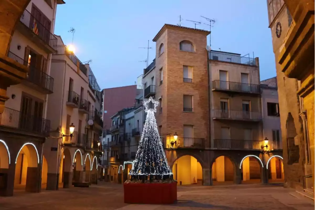 Plaza con edificios antiguos y un árbol de Navidad iluminado en el centro.