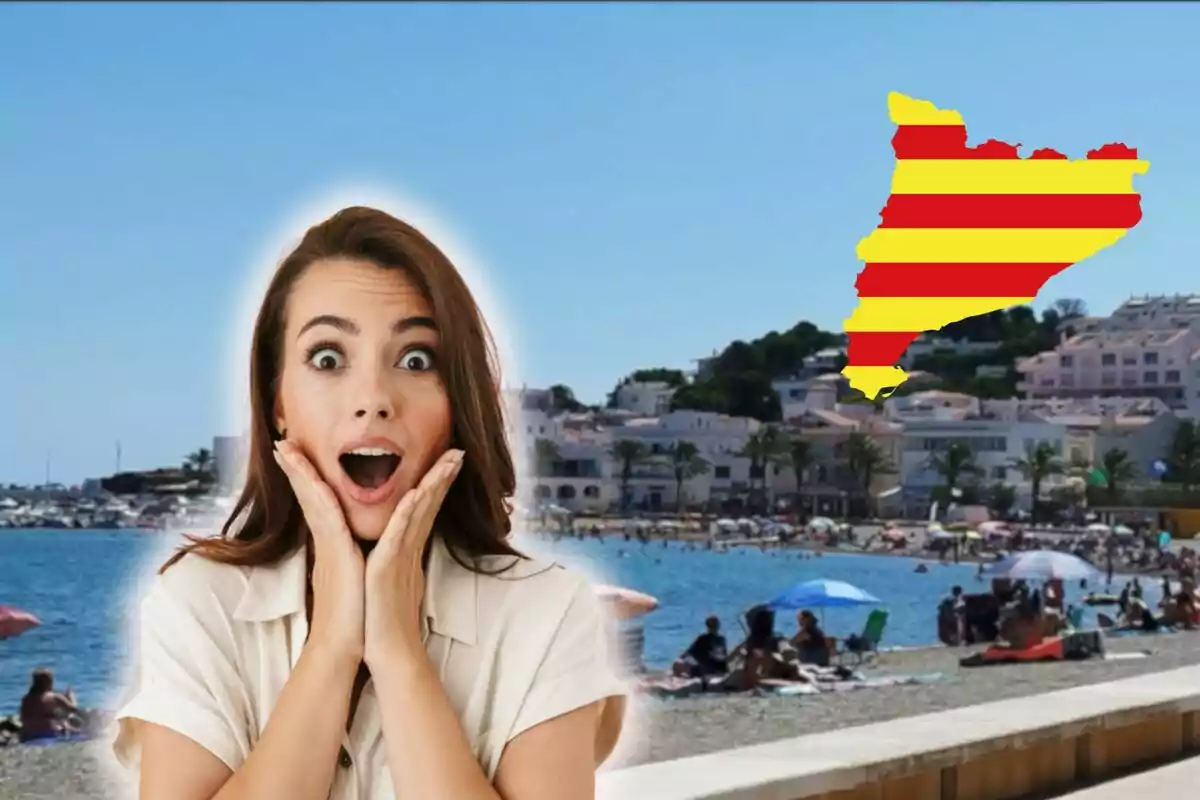 Mujer sorprendida con las manos en la cara frente a una playa concurrida con edificios al fondo y un mapa de Cataluña con la bandera catalana en la esquina superior derecha.