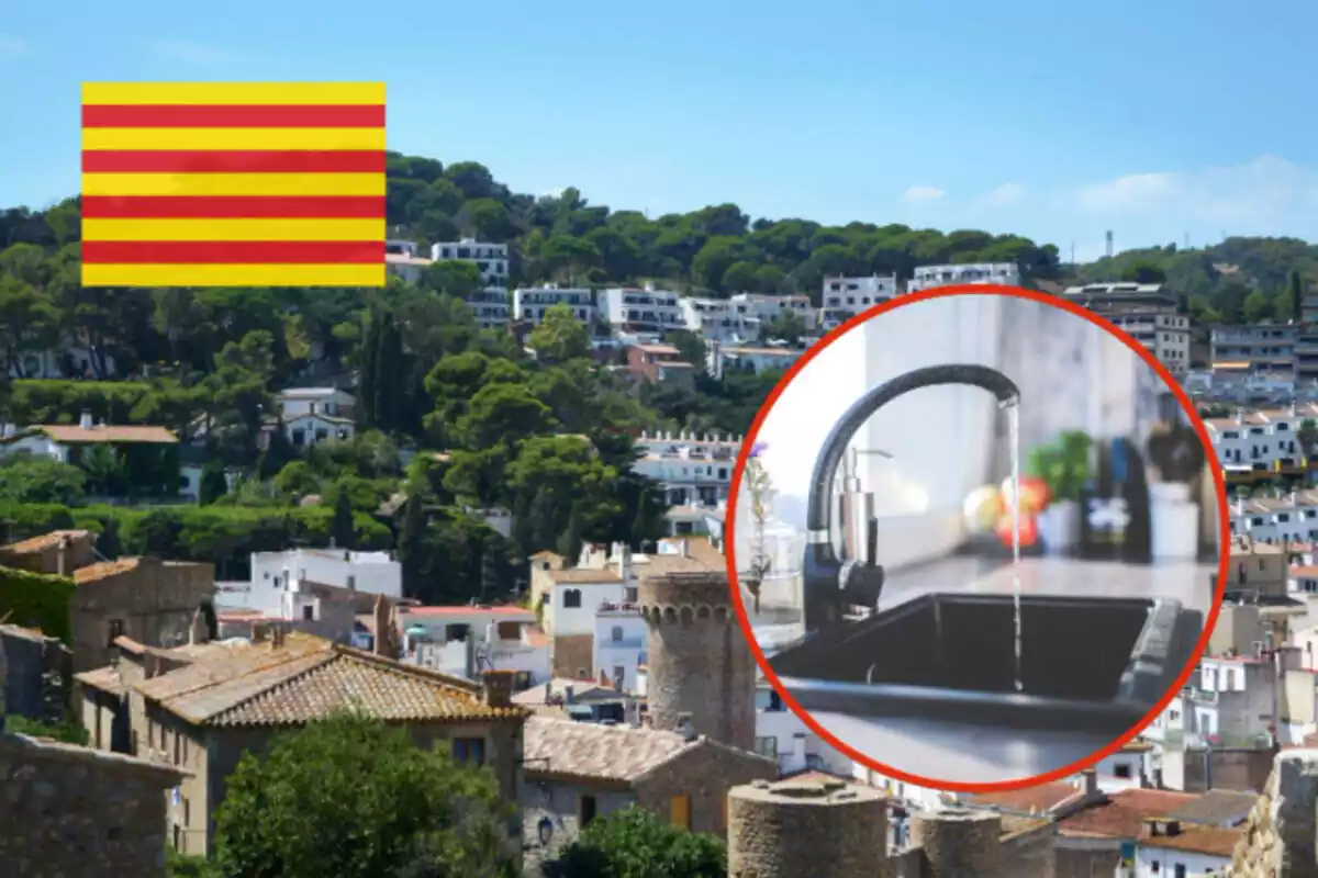 Fotomontaje con un fondo de un pueblo catalán, la bandera de Cataluña y una imagen de un grifo abierto enmarcada