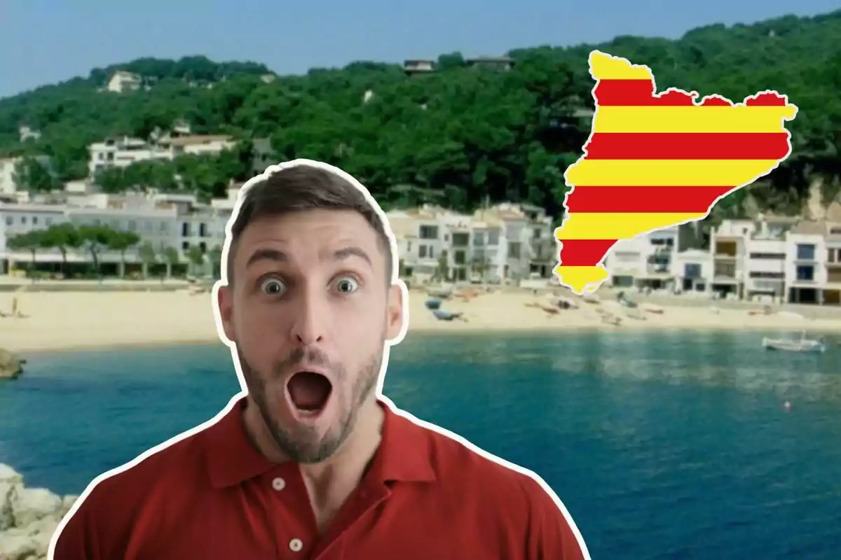 Hombre sorprendido con fondo de playa y mapa de Cataluña con la bandera catalana.