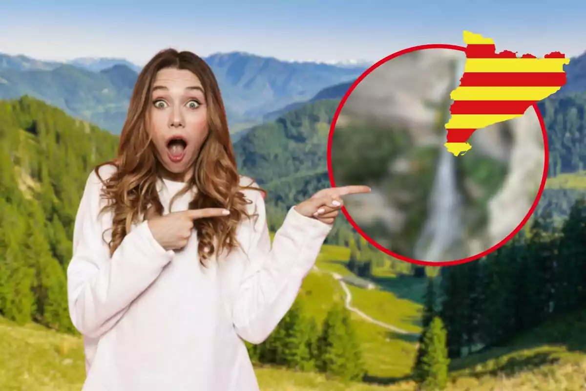 Mujer sorprendida señalando un mapa de Cataluña con un paisaje montañoso de fondo.