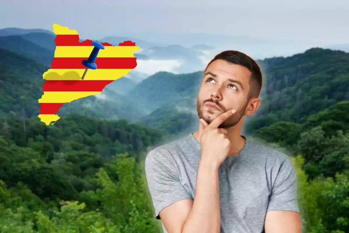 Hombre pensativo con fondo de paisaje montañoso y mapa de Cataluña con chincheta azul.