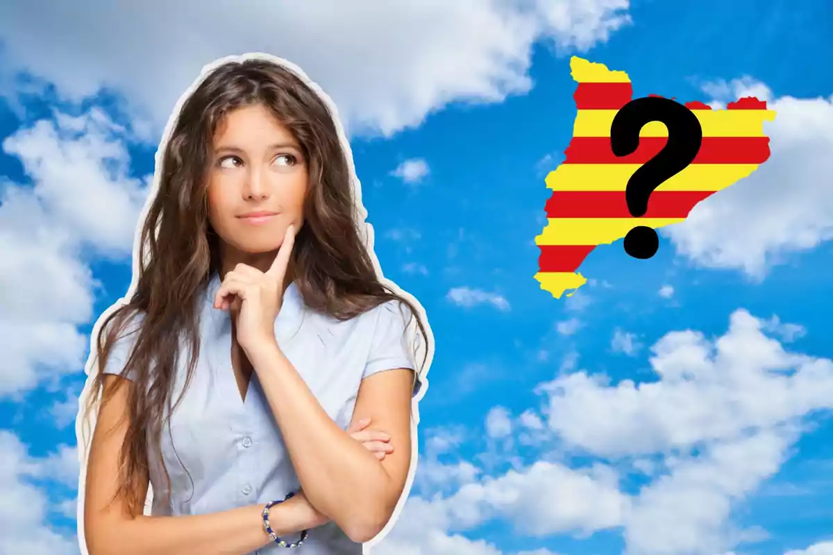 Mujer pensativa con fondo de cielo azul y mapa de Cataluña con signo de interrogación.