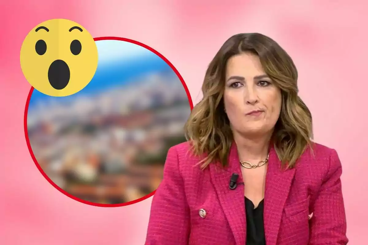 Mujer con chaqueta rosa y expresión seria frente a un fondo rosado con un emoji sorprendido y una imagen borrosa en un círculo rojo.