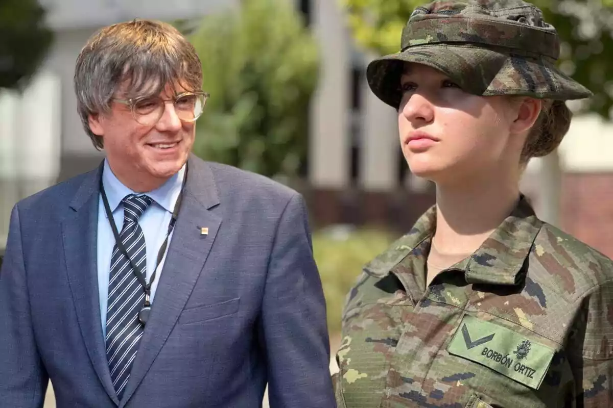 Montaje fotográfico con el político catalán Carles Puigdemont, muy sonriente delante de la Princesa Leonor vestida de militar