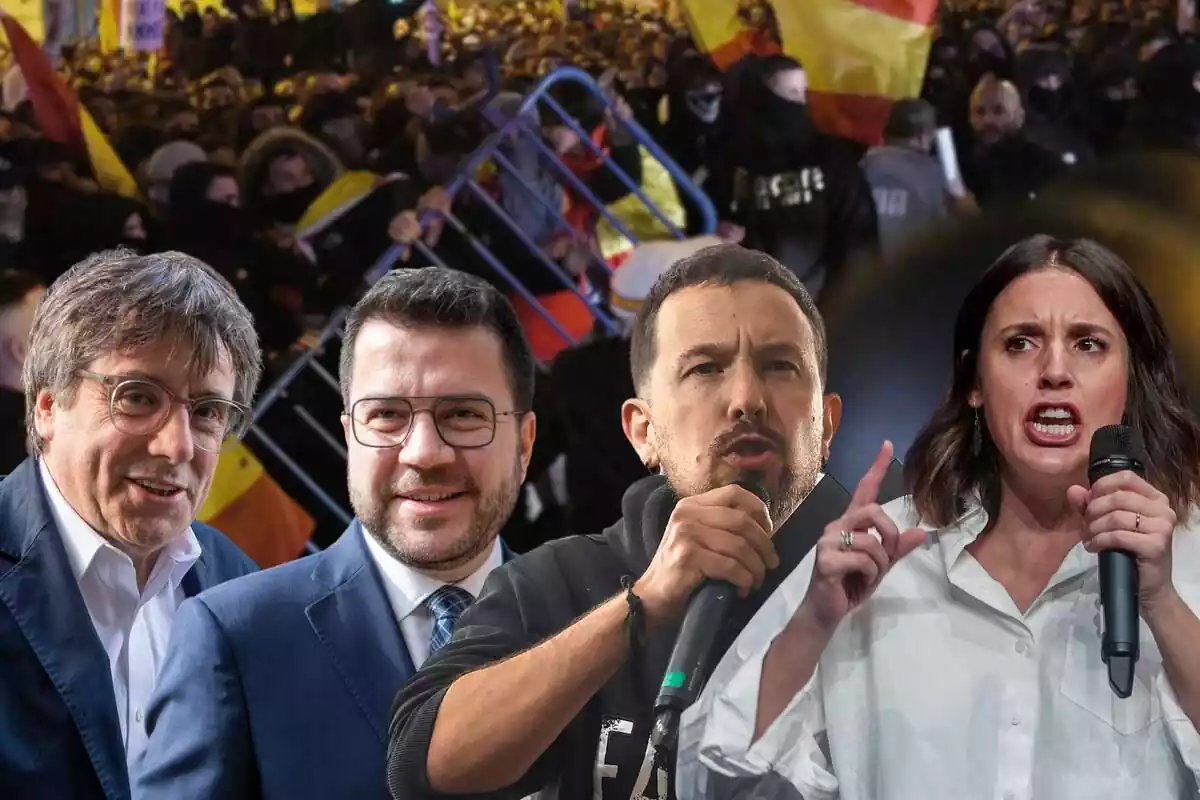 Montaje fotográfico con Puigdemont, Aragonès, Iglesias y Montero en primer plano, con una imagen de los disturbios de Madrid contra la ley de amnistía de fondo