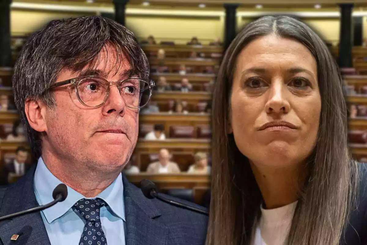 Montaje con un primer plano de Carles Puigdemont y otro de Míriam Nogueras con cara seria. De fondo, una imagen difuminada de varios escaños del Congreso de los Diputados