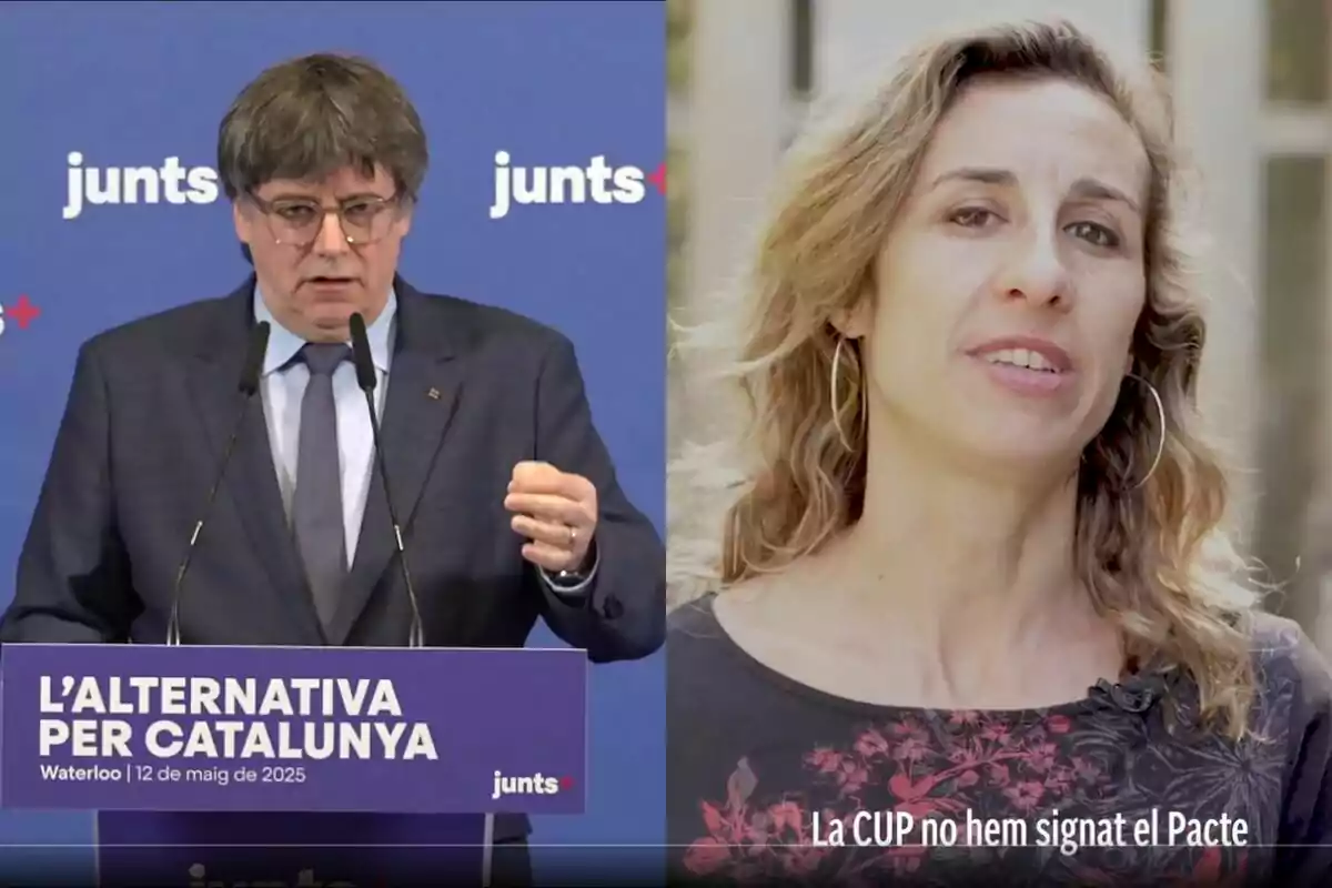 Dos personas en imágenes separadas, una en un podio con fondo azul y otra al aire libre con texto en catalán.