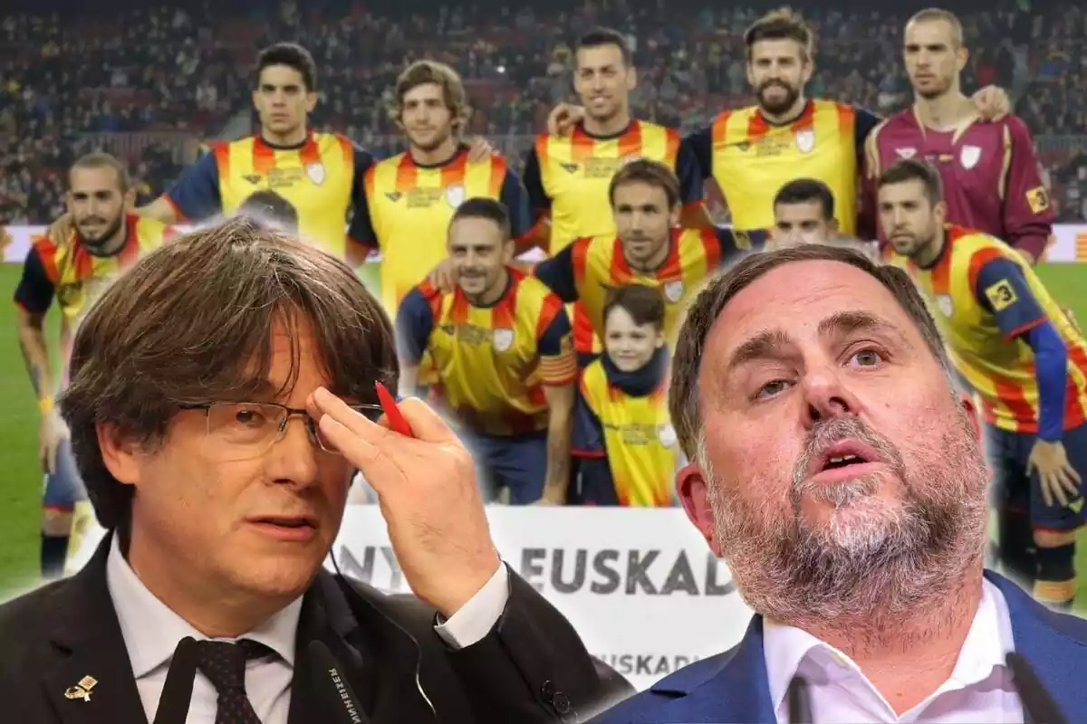 Montaje con una imagen del onze inicial de la selección catalana de fútbol y un plano corto de Carles Puigdemont y Oriol Junqueras