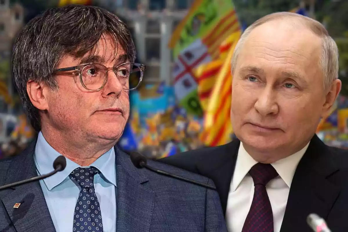 Montaje con un plano medio corto de Carles Puigdemont mirando a su lado derecho, donde hay un plano medio de Vladimir Putin. De fondo, una imagen difuminada de una manifestación idependentista con varias esteladas