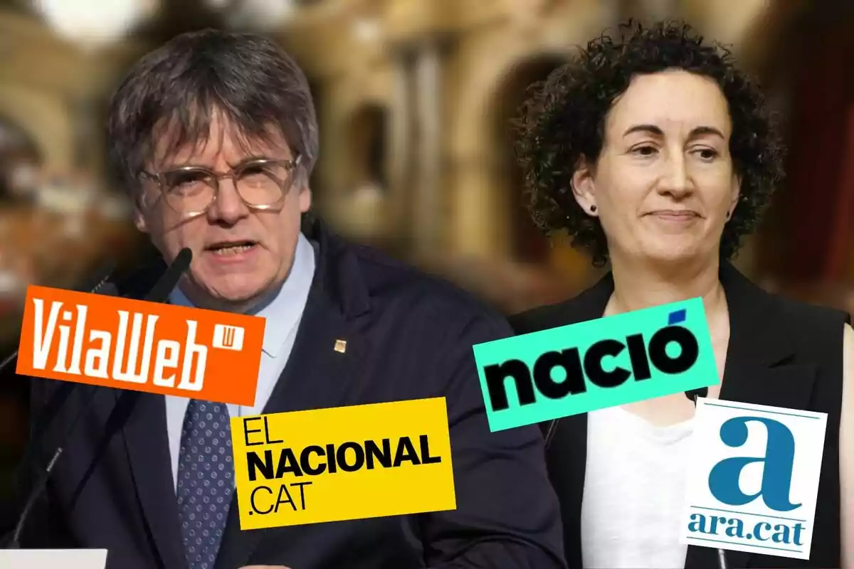 Carles Puigdemont y Marta Rovira aparecen en la imagen, una de ellas hablando frente a un micrófono, con logotipos de medios de comunicación como VilaWeb, El Nacional.cat, Nació y Ara.cat superpuestos.