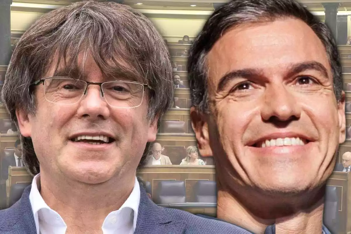 Montaje con dos primeros planos de Carles Puigdemont y Pedro Sánchez sonriendo