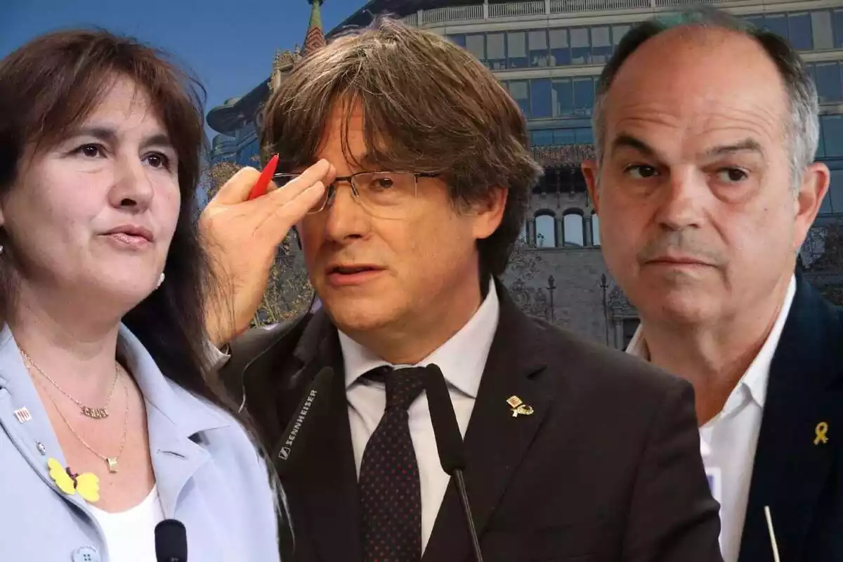 Montaje con tres planos medios de Laura Borràs, Carles Puigdemont y Jordi Turull con cara de preocupación