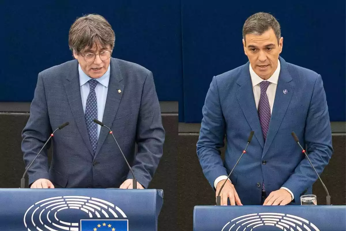 Montaje con un plano medio de Carles Puigdemont hablando desde la tribuna del Parlamento Europeo y otro de Pedro Sánchez haciendo lo mismo