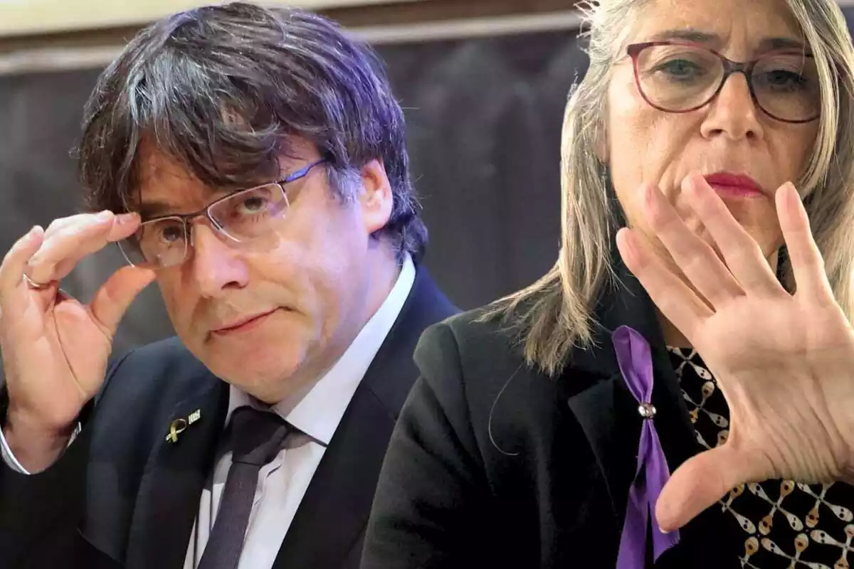 Fotomontaje con Carles Puigdemont de Fondo y Assumpció Castellví en primer plano