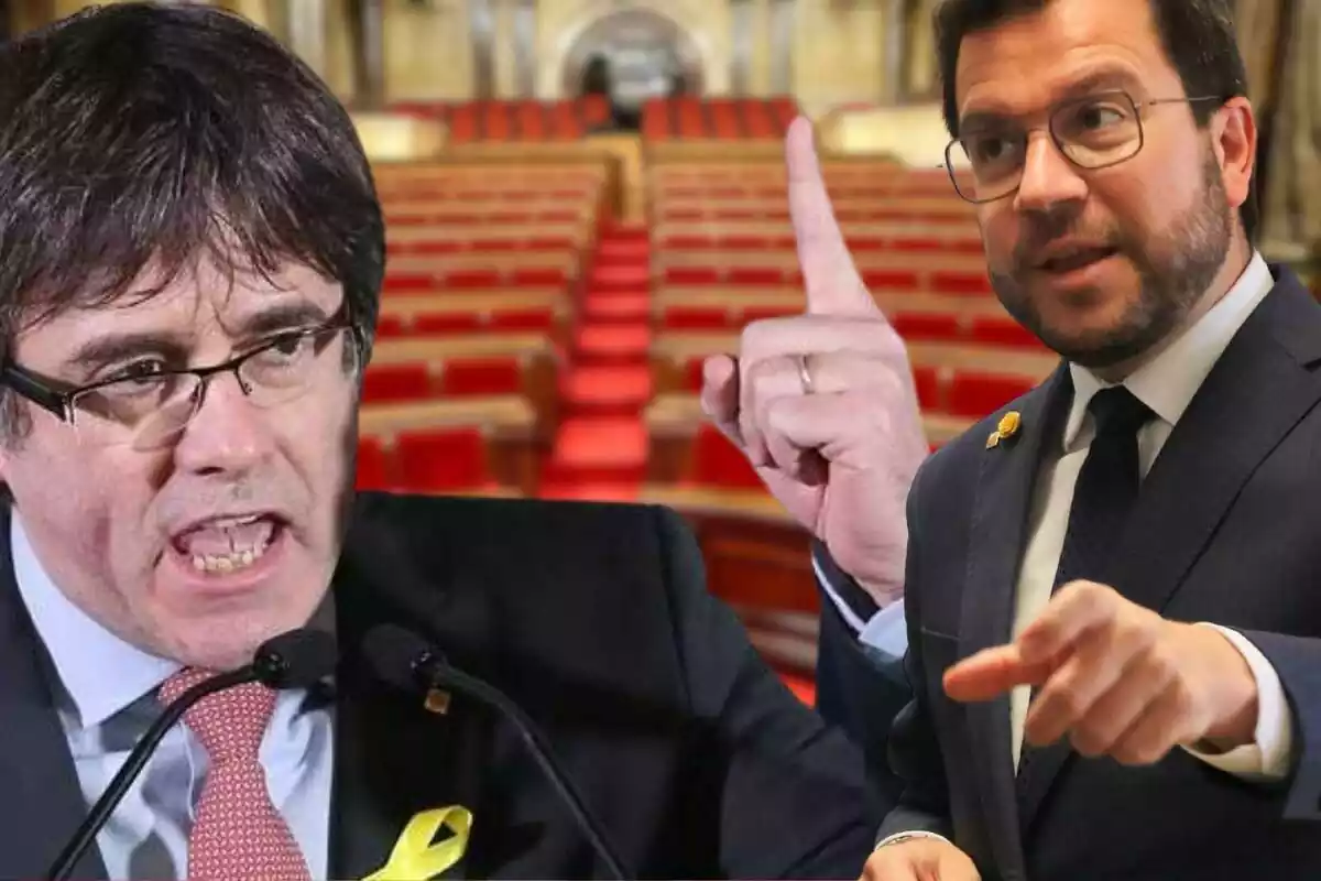 Montaje con Carles Puigdemont visiblemente enfadado y Pere Aragonès sonriendo con el Parlamento de Catalunya de fondo