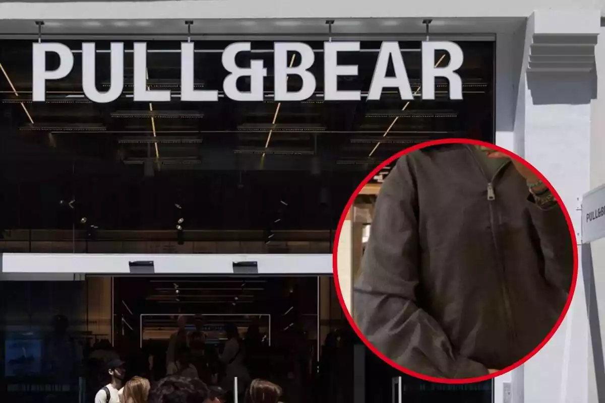 Tienda Pull and Bear y primer plano de la chaqueta bomber de raya diplomática