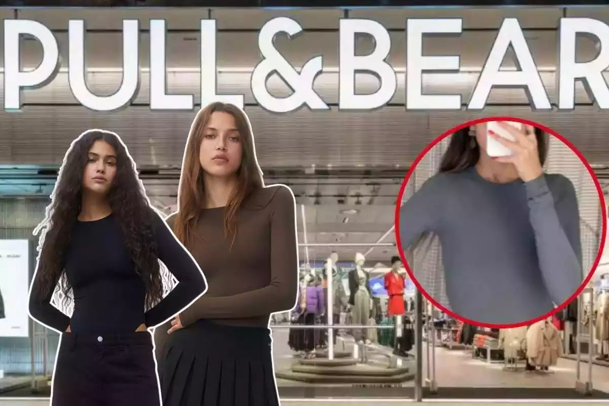 Imagen de fondo de una tienda Pull and Bear y otras de tres personas posando con un body de la misma marca en varios colores: marrón, negro y gris