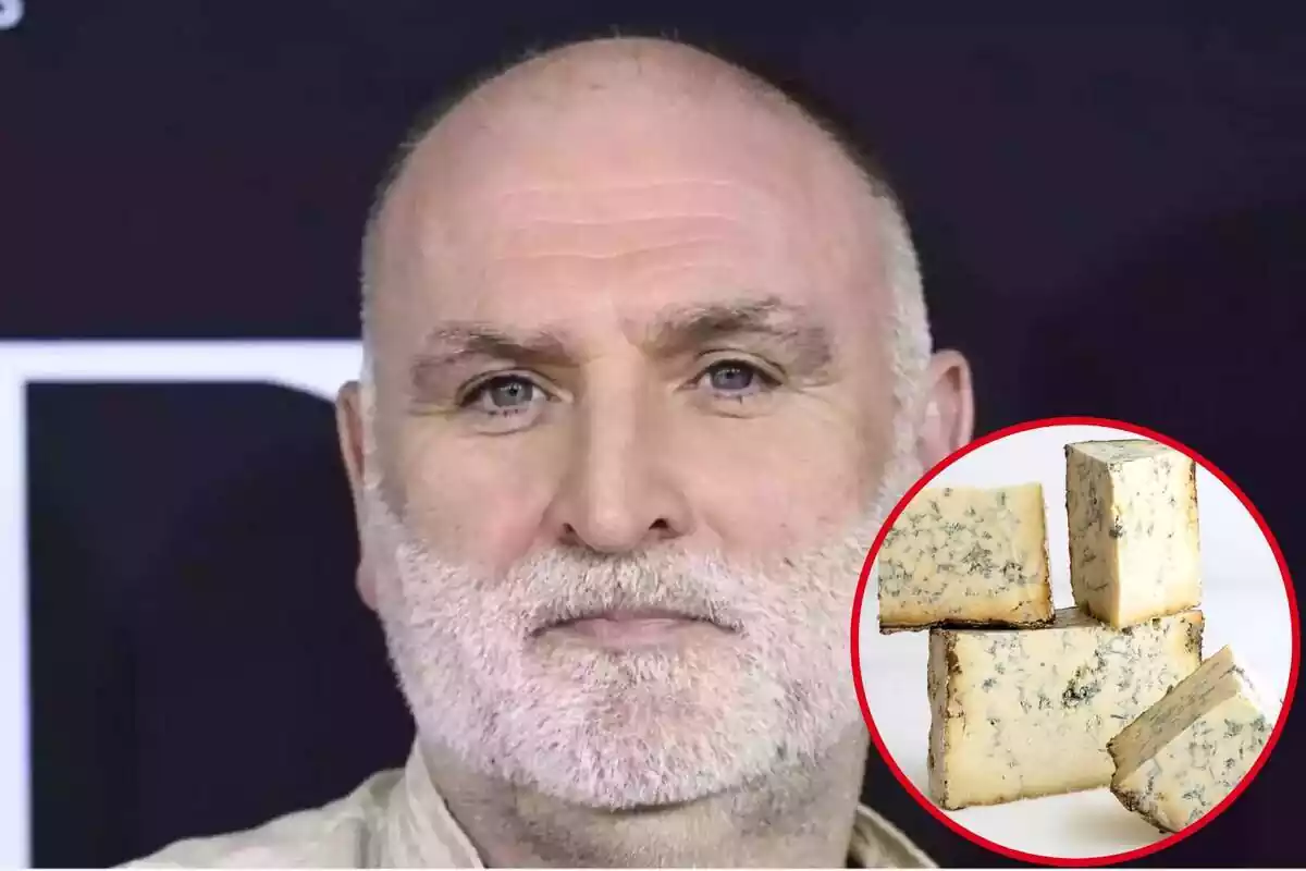 Montaje con rostro serio del chef José Andrés y un círculo con el queso azul Rey Silo Mamá Marisa