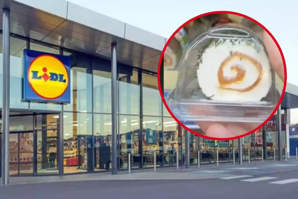 Montaje con la fachada acristalada de un supermercado de Lidl y en un círculo su rulo de queso con salmón salvaje