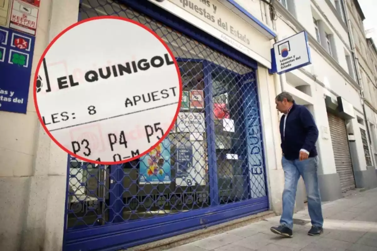 Un hombre camina frente a una administración de loterías y apuestas del Estado, con un boleto de Un hombre camina frente a una administración de loterías y apuestas del Estado, con un boleto de