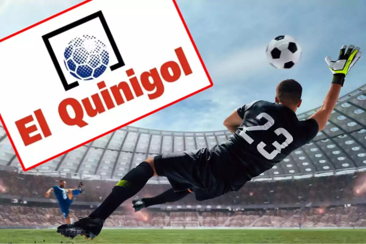 Portero de fútbol en pleno vuelo para atajar un balón con el logo de "El Quinigol" en primer plano.