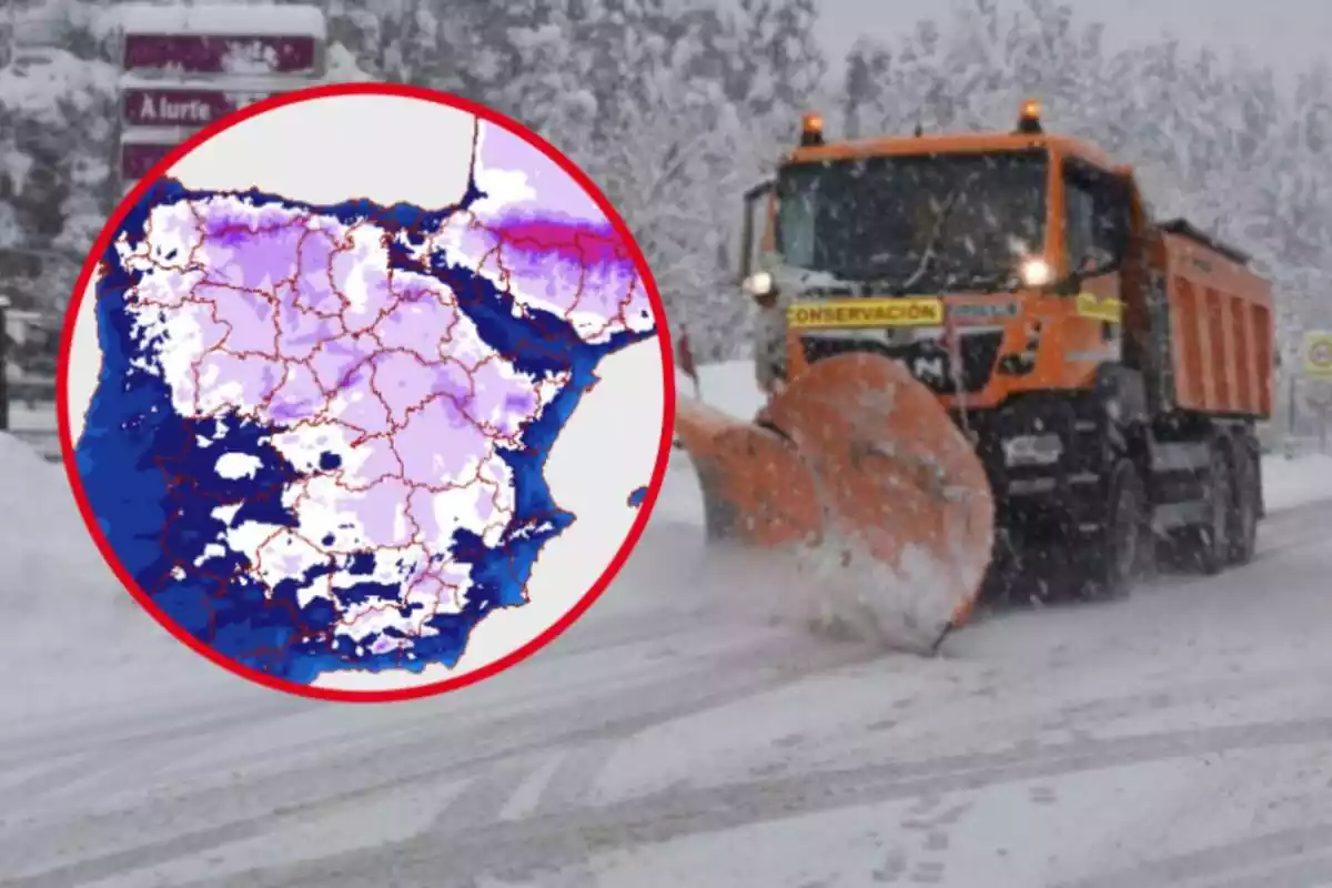 Montaje con un camión quitanieves y un mapa de temperaturas mínimas en España